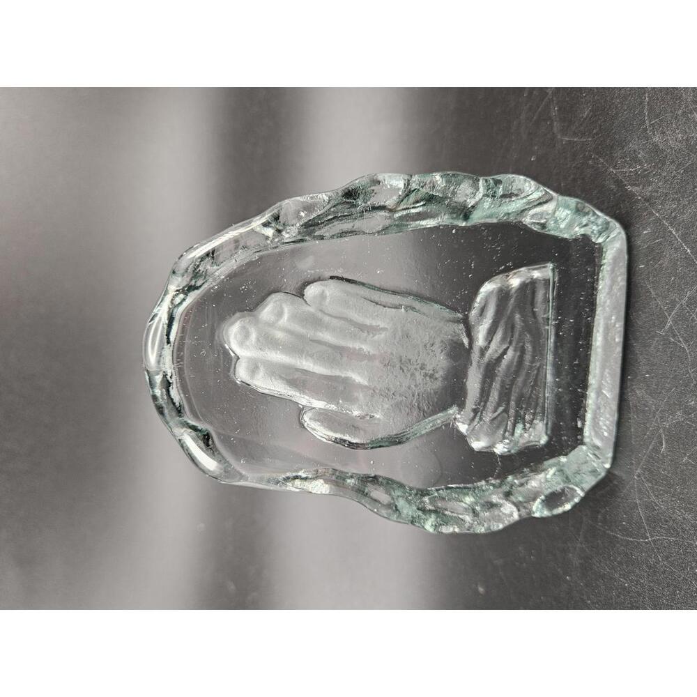 Vintage Thick Glass Praying Hands Plaque Religious Paperweight 5 in. tall 14 oz